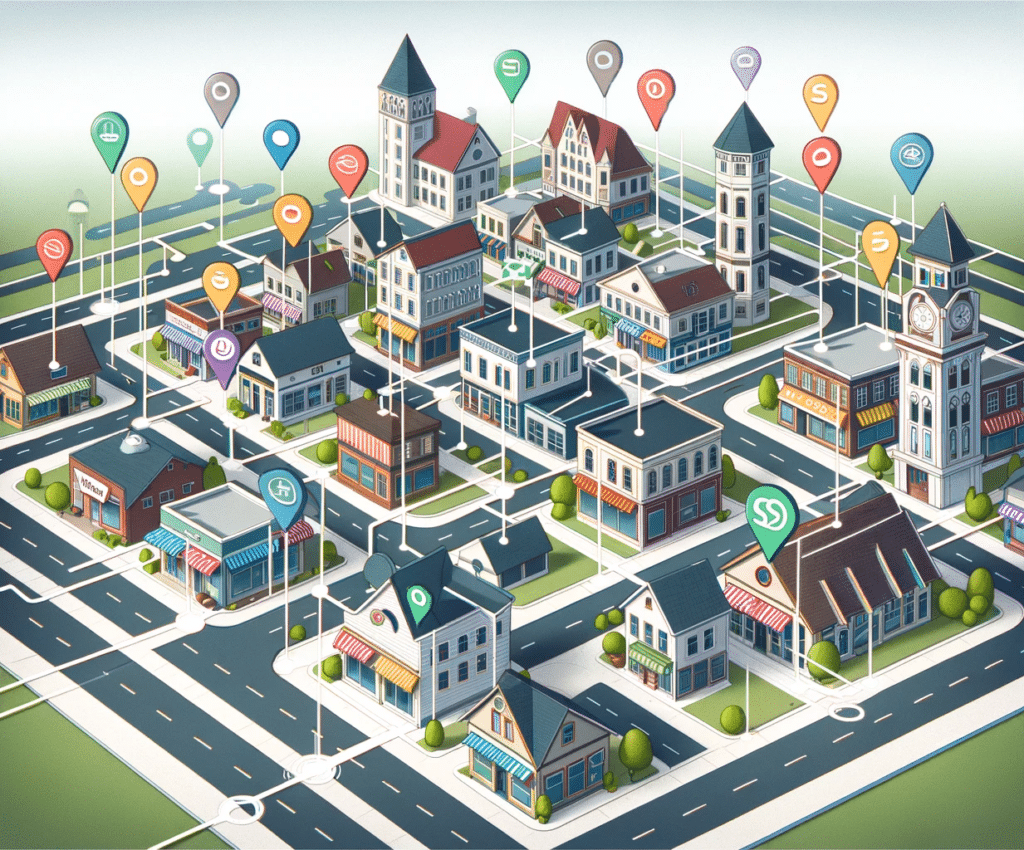 Aerial view of a small town highlighting Local SEO and link building for small businesses, with interconnected storefronts and businesses in a minimal and fun corporate art style.